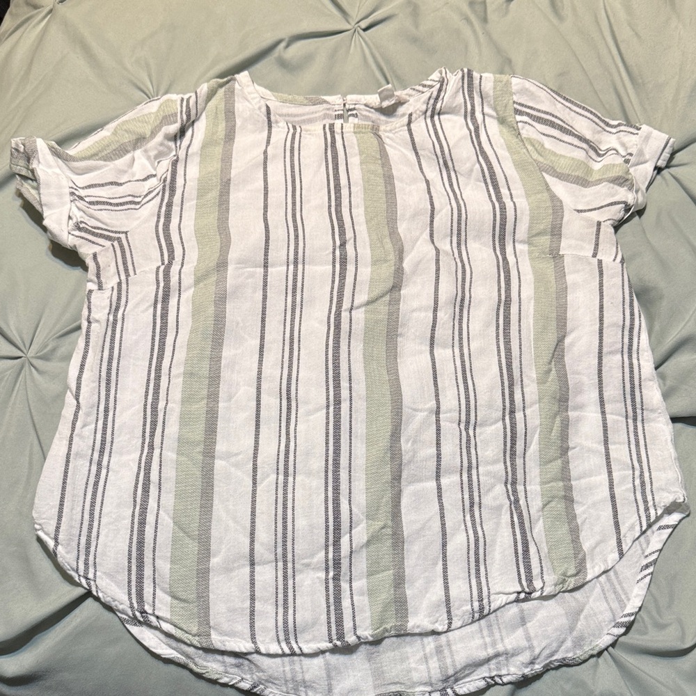 Mine Green and White Striped Short Sleeve Top